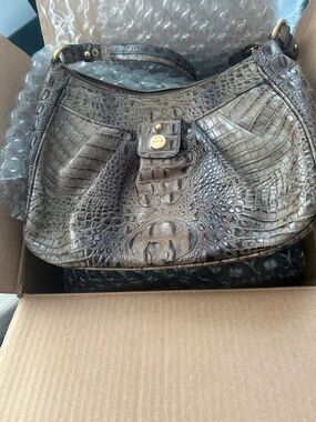 Brahmin Brown Taupe Croc Embossed Leather Hobo Shoulder Bag with COA